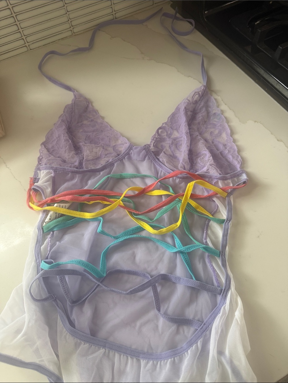 Lavender Lace Mesh Chemise with Rainbow Straps